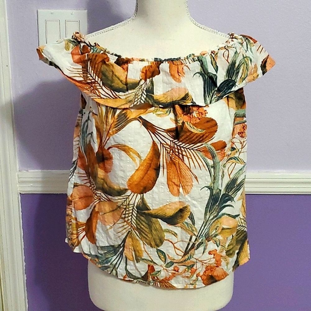 a.n.a. Tropical Botanical Print Ruffly Flowy Off Shoulder Beach Summer Top M